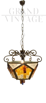Lampadario lanterna Longobard brutalista in vetro di Murano e ferro battuto                            