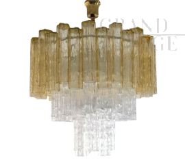 Lampadario a cascata in Vetro di Murano ambra e cristallo, anni '70                            