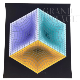Litografia di Victor Vasarely Struttura Geometrica su Nero                            