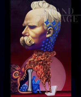 Nietzsche - dipinto di Beni a olio e foglia d'oro su tela, 2023                            