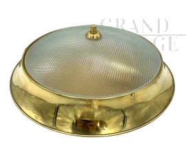 Plafoniera o applique tonda in vetro e ottone attribuita a Fontana Arte