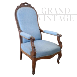 Poltrona antica in noce e tessuto azzurro, metà XIX secolo                            