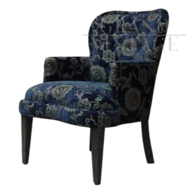 Poltrona art déco in velluto blu floreale                            