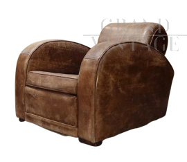 Poltrona club vintage in pelle marrone                            