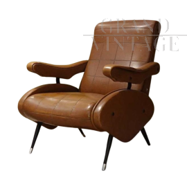 Poltrona reclinabile di Nello Pini in skai marrone                            