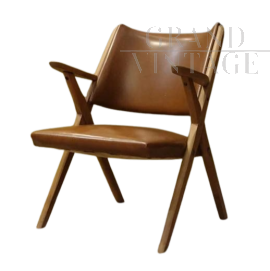 Poltroncina Dal Vera in pelle marrone, anni '50                            