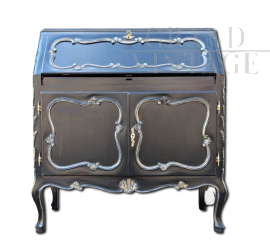 Scrittoio a ribalta in stile barocco francese in noce laccato nero