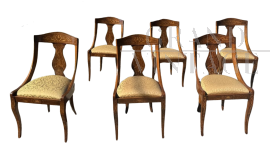 Set 6 sedie palladiane in noce con intarsi neoclassici                            
