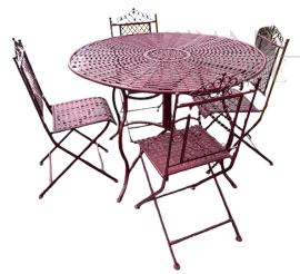 Set da giardino con tavolo e 4 sedie in ferro battuto laccato rosso, anni '70                            