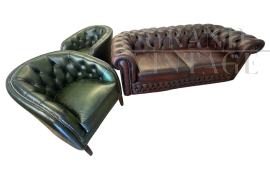 Set di divano e 2 poltrone Chesterfield originali                            