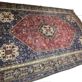 Tappeto persiano Ashfar degli anni '30 rosso e blu, 266 x 180 cm                            