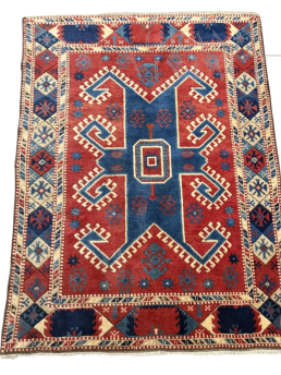 Tappeto turco antico dell'800 in lana rossa con motivi geometrici, 170 x 130cm                            