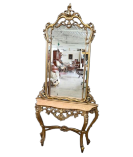Baroque style console table with mirror in carved and gilded wood, early 1900s       
                            