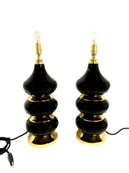 Pair of large Seguso table lamps in black Murano glass