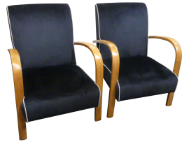Pair of art deco armchairs in blue velvet with white profile edges