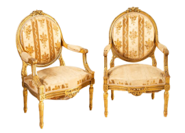 Coppia di poltrone antiche Napoleone III imbottite in legno dorato e intagliato                            