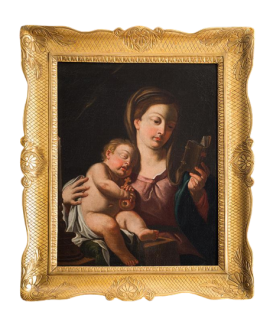 Dipinto antico olio su tela raffigurante Madonna col bambino dormiente