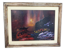 Fantuzzi - dipinto con mare al tramonto e pescato                           