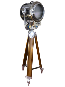 Vintage industrial spotlight with wooden tripod