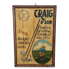Insegna pubblicitaria anni '20 di attrezzature da golf dipinta a mano                            