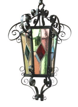 Lampadario a lanterna in ferro battuto con vetri piombati, anni '50