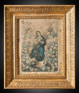Antica stampa acquarellata raffigurante Vergine Immacolata, Napoli XIX secolo