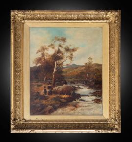 Dipinto antico olio su tela raffigurante paesaggio fluviale con figure