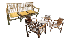 Set da salotto vintage in bamboo con divano, 4 poltrone e tavolino                         