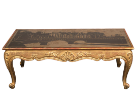 Tavolino basso Napoleone III in legno dorato e intagliato piano serigrafato
