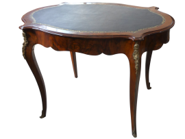 Antique French writing table with top in black leather and bronzes