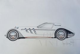 André Ferrand - Bozza di automobile Lagonda, disegno firmato                            