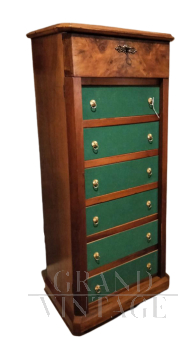 Archivio schedario vintage a cassettini in legno e panno verde