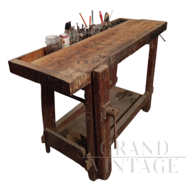 Banco da lavoro antico da falegname con morsa doppia                            