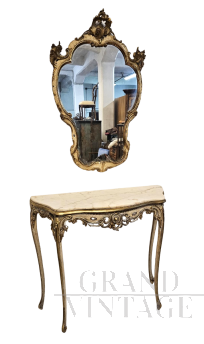 Console piemontese con specchiera in legno laccato e dorato                            