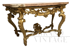 Consolle romana Luigi XV in legno scolpito e dorato                            