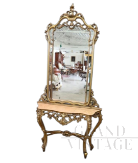 Consolle in stile Barocco con specchio in legno intagliato e dorato, primi '900          