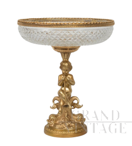 Coppa centrotavola antica Napoleone III Francese in bronzo dorato e cristallo                            