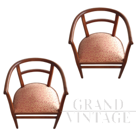 Coppia di poltroncine art déco a pozzetto anni '30 in tessuto rosa                            
