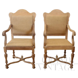 Coppia di poltrone in legno di pioppo naturale con seduta in juta                            