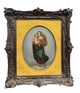 Dipinto antico con Madonna di San Sisto, olio su rame dell'800                            