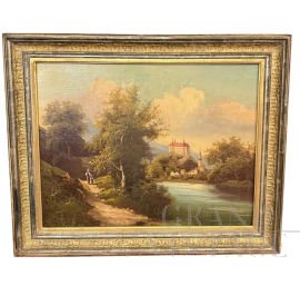 Dipinto antico di scuola austriaca con paesaggio fluviale, olio su tela del XIX secolo                            