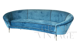Divano curvo in velluto blu petrolio, anni '50                            