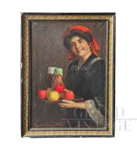 G. Somogyi - Dipinto di gitana con vassoio di frutta, XX secolo                            
