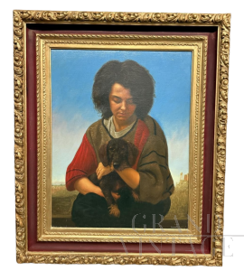 Giancarlo Pignataro, dipinto di ragazza con cagnolino, olio su tela del 1987                            