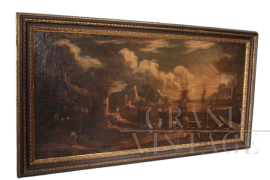 Giovanni Grevenbroec - Dipinto con veduta portuale all'alba, olio su tela XVII secolo                            