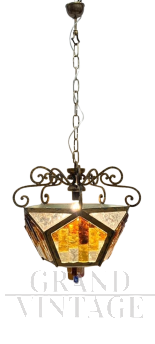 Lampadario lanterna Longobard brutalista in vetro di Murano e ferro battuto                            