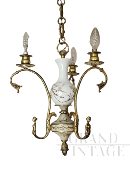 Lampadario vintage a 3 bracci in metallo bronzato e ceramica dipinta                            