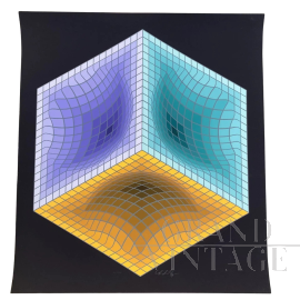 Litografia di Victor Vasarely Struttura Geometrica su Nero                            