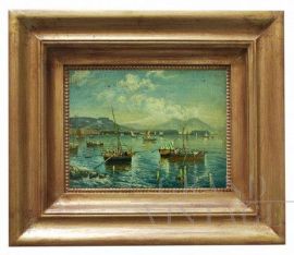Luigi Basile - dipinto con Marina, scuola di Posillipo, olio su tavola 
