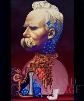 Nietzsche - dipinto di Beni a olio e foglia d'oro su tela, 2023                            